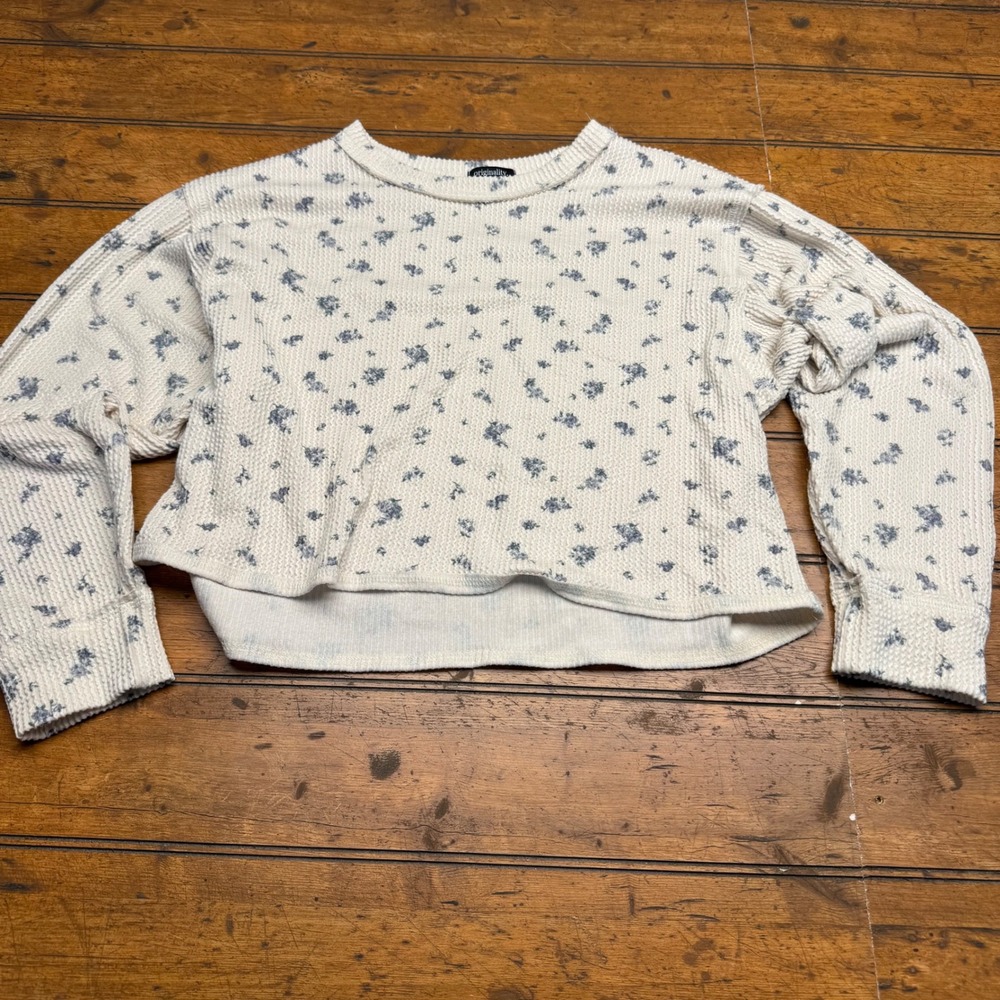 Originality Floral Print Textured Knit Cropped‎ Long Sleeve Sweater Top Size S